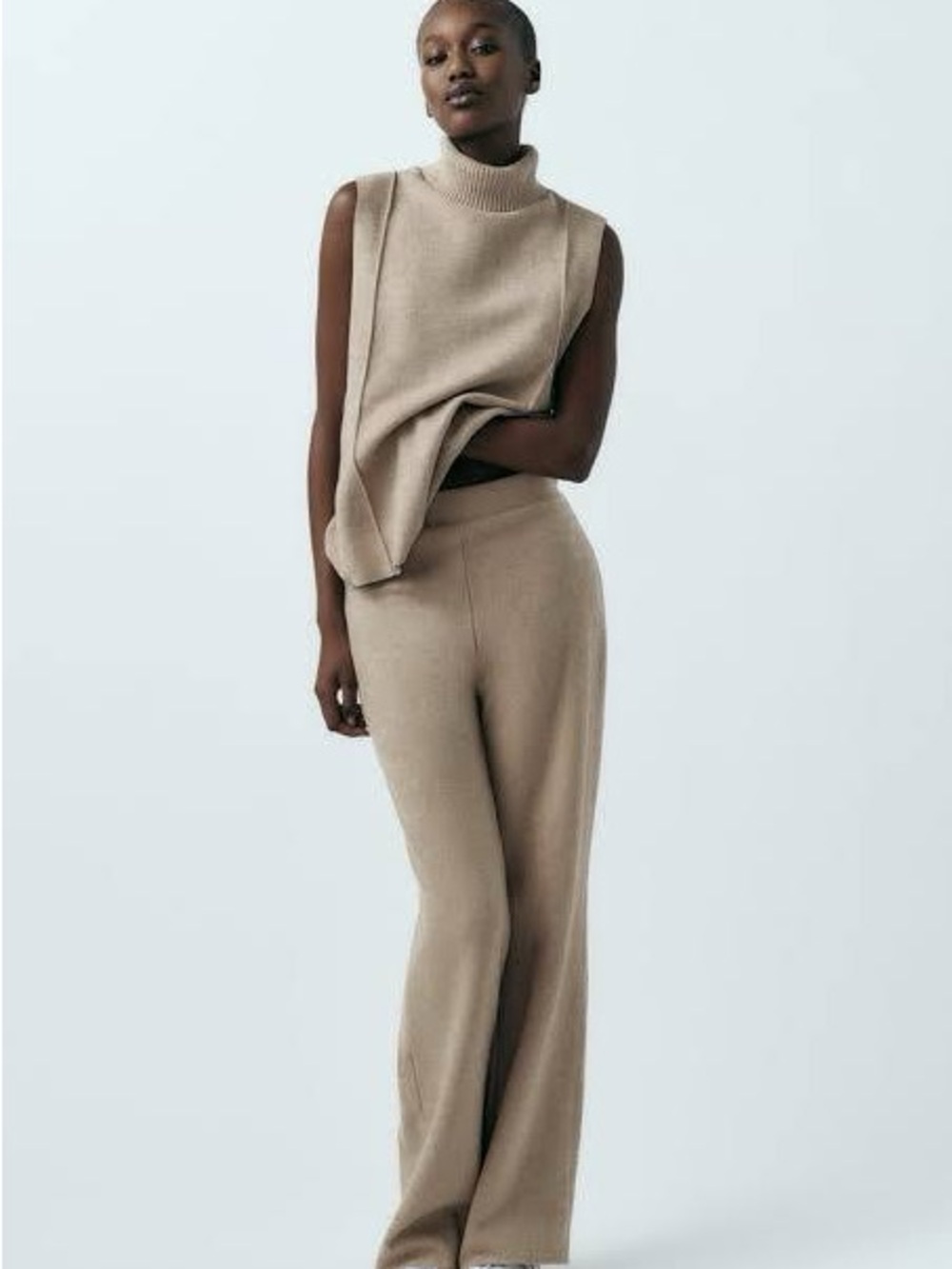ZARA Soft Touch Knit Ribbed Wide Leg Pants Beige M